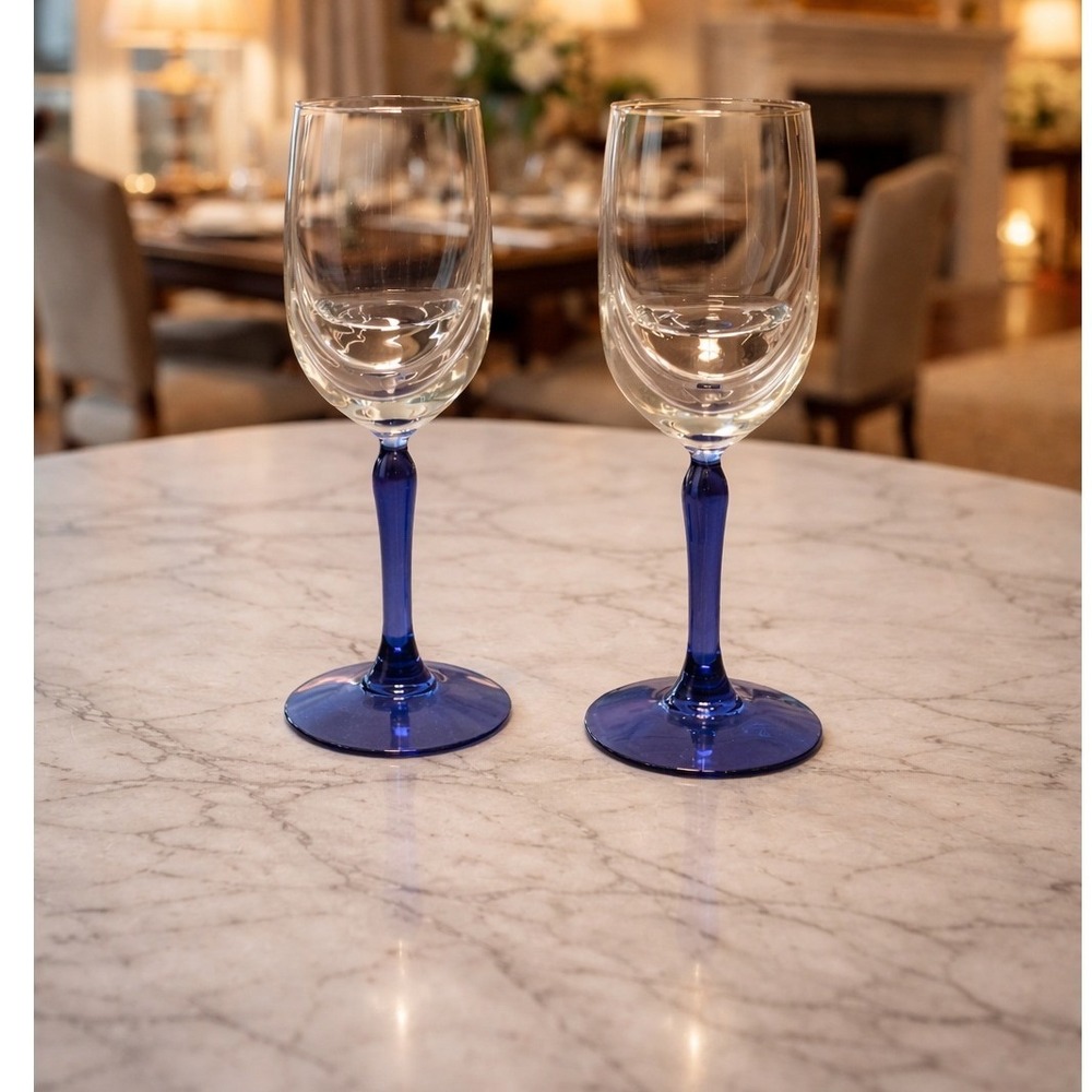 Vintage Blue Stem Wine Glasses Set of 2 Gold Rim Clear Bowl 8 Inch